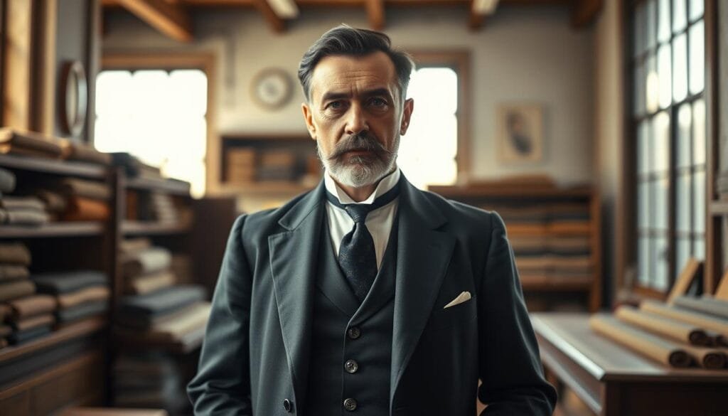 A well-lit portrait of Salvatore Falabella, the founder of the Falabella retail empire, standing in a tailored suit inside his original 1889 Santiago clothing workshop. The workshop's wooden shelves are filled with bolts of fine fabrics in the background, while natural light streams in through large windows, casting a warm glow on Falabella's serious yet determined expression. The scene captures the humble origins of what would become one of Latin America's most successful and influential retail conglomerates.