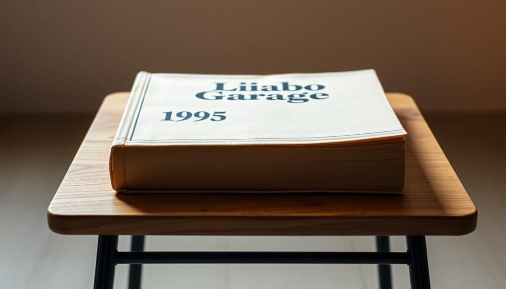 A well-worn 1995 Libro Garaje (Garage Book) displayed on a simple wooden table, illuminated by soft, warm lighting. The book's cover is slightly faded, with a simple, classic design that evokes the early days of online retail. The table is set against a neutral, uncluttered background, allowing the book to be the focal point. The scene conveys a sense of nostalgia and the humble beginnings of a company that would go on to revolutionize the way the world shops.