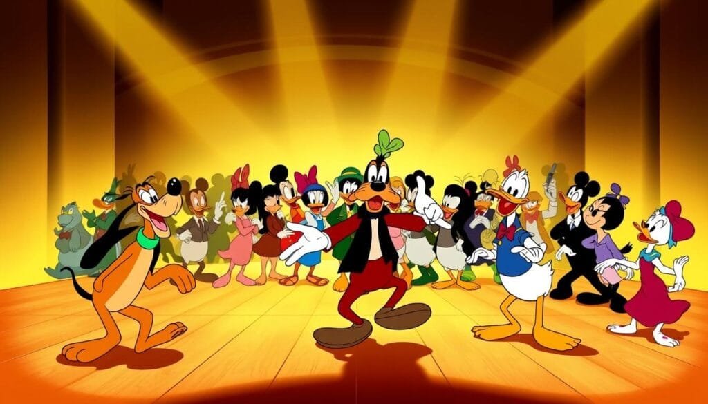 A whimsical and vibrant scene of the classic Disney "Silly Symphonies" characters. In the foreground, Pluto, Goofy, and the mischievous Donald Duck engage in a lively, slapstick dance, their exaggerated movements and expressions conveying a sense of joyful chaos. The middle ground is filled with a chorus line of other iconic Disney toons, each with their own unique personalities and quirks, creating a harmonious and humorous ensemble. In the background, a stylized, art deco-inspired stage with sweeping, geometric patterns serves as the backdrop, bathed in a warm, golden light that evokes the nostalgic spirit of early Disney animation. The overall tone is one of unbridled creativity, whimsy, and the enduring magic of the "Silly Symphonies" that paved the way for the iconic Mickey Mouse and the entire Disney universe. A whimsical and vibrant scene of the classic Disney "Silly Symphonies" characters. In the foreground, Pluto, Goofy, and the mischievous Donald Duck engage in a lively, slapstick dance, their exaggerated movements and expressions conveying a sense of joyful chaos. The middle ground is filled with a chorus line of other iconic Disney toons, each with their own unique personalities and quirks, creating a harmonious and humorous ensemble. In the background, a stylized, art deco-inspired stage with sweeping, geometric patterns serves as the backdrop, bathed in a warm, golden light that evokes the nostalgic spirit of early Disney animation. The overall tone is one of unbridled creativity, whimsy, and the enduring magic of the "Silly Symphonies" that paved the way for the iconic Mickey Mouse and the entire Disney universe.