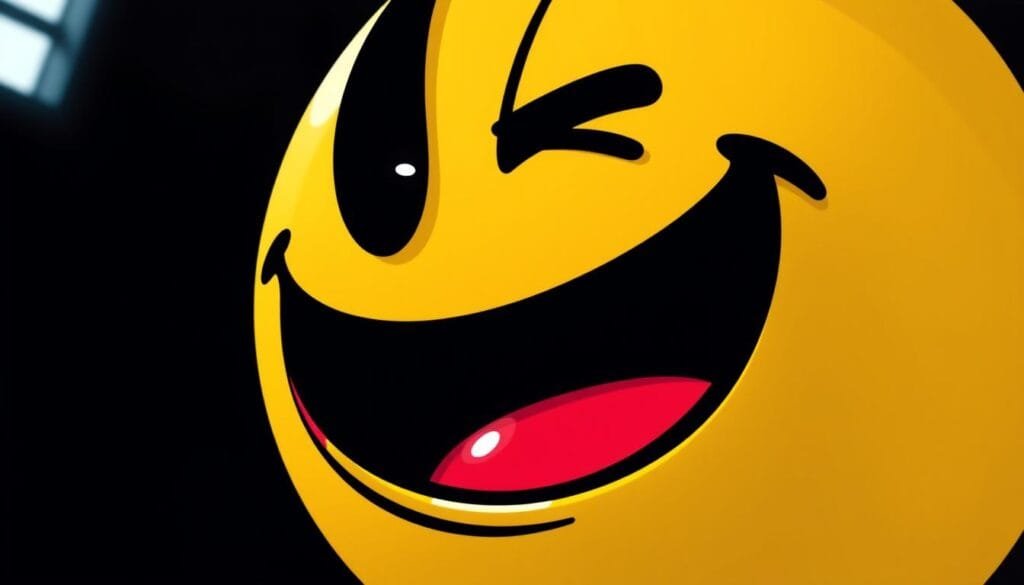 A whimsical, closeup view of a mouth-shaped character, rendered in a playful, retro-inspired style. The character's expressive features fill the frame, with a rounded, pixelated outline and a vibrant, cartoon-like palette. Subtle lighting from the left side casts soft shadows, adding depth and dimension. The character's open mouth appears to be in the midst of a mischievous grin, capturing the spirit of the iconic Pac-Man game. The overall composition and aesthetic evoke the nostalgic charm of vintage arcade games, perfectly encapsulating the creation and inspiration behind this beloved character.