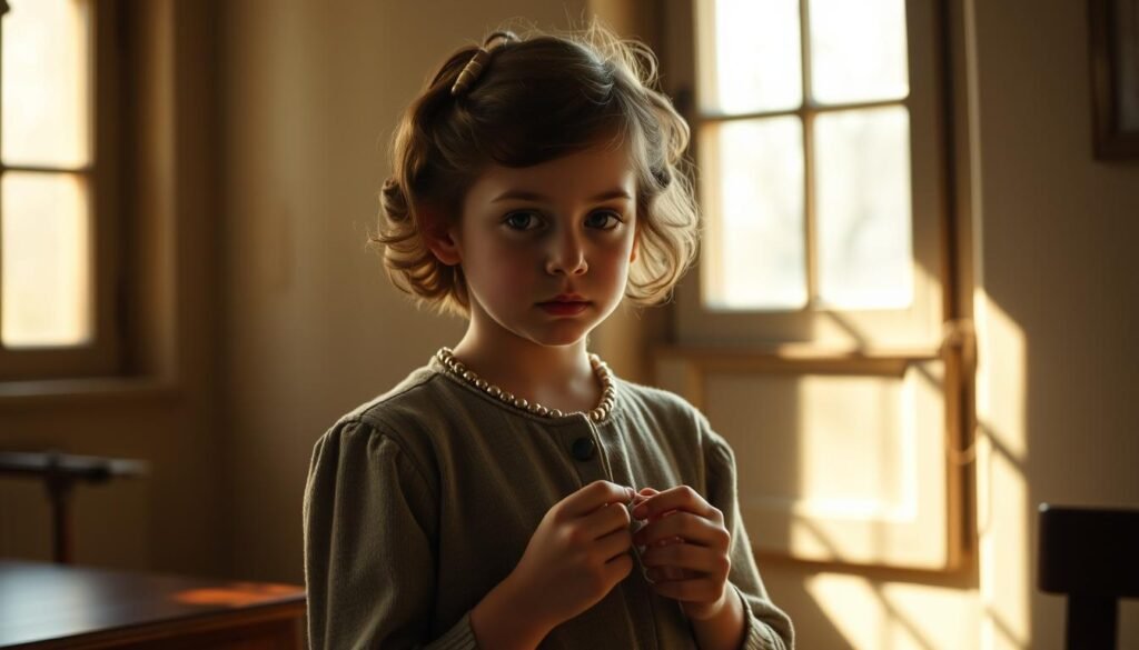 A young Gabrielle Chanel, her face framed by delicate features, stands in a modest room at the Aubazine orphanage. Crisp sunlight filters through a large window, casting a warm glow on her pensive expression. The simple, austere surroundings suggest the humble beginnings that would eventually lead her to build a fashion empire. Gabrielle's hands, nimble and focused, hold a needle and thread, foreshadowing the extraordinary journey from orfanage to fashion icon that lies ahead. An aura of determination and resilience emanates from the scene, capturing the essence of the "Infancia, orfandad y vocación: de Aubazine a la aguja" chapter. A young Gabrielle Chanel, her face framed by delicate features, stands in a modest room at the Aubazine orphanage. Crisp sunlight filters through a large window, casting a warm glow on her pensive expression. The simple, austere surroundings suggest the humble beginnings that would eventually lead her to build a fashion empire. Gabrielle's hands, nimble and focused, hold a needle and thread, foreshadowing the extraordinary journey from orfanage to fashion icon that lies ahead. An aura of determination and resilience emanates from the scene, capturing the essence of the "Infancia, orfandad y vocación: de Aubazine a la aguja" chapter.