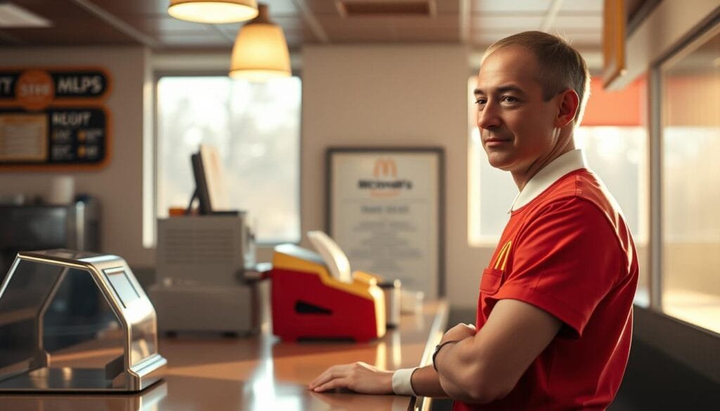 A young Jeff Bezos, clad in a crisp McDonald's uniform, stands behind the counter of a retro-style fast food restaurant. Soft morning light filters through the windows, casting a warm glow on his focused expression as he prepares a breakfast order. The gleaming chrome and vinyl surfaces of the restaurant create a nostalgic 1980s atmosphere, hinting at the humble beginnings of the future tech titan. Subtle details like the old-fashioned cash register and menu boards add authenticity to the scene. The overall mood is one of quiet determination, reflecting Bezos' early drive and ambition, even in his first job.