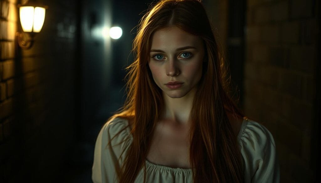 A young woman with long, auburn hair stands solemnly, her expression one of sorrow and resignation. She wears a simple, white dress, her delicate features capturing a sense of vulnerability. The background is a dimly lit alleyway, the shadows casting a somber, foreboding atmosphere. The lighting is soft, with a warm, golden hue highlighting the subject's face and accentuating the melancholy mood. The camera angle is slightly low, giving the viewer a sense of empathy and connection with the character. The overall composition conveys a sense of the subject's tragic fate, foreshadowing the pivotal moment in the "Spider-Man" narrative.
