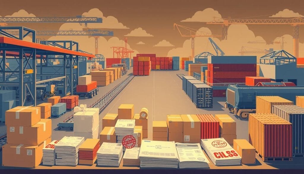 Aduanas productos: a detailed, high-resolution illustration depicting the various customs and import/export procedures involved in the global trade of goods. Set against a backdrop of towering warehouse facilities, conveyor belts, and cargo containers, the foreground should feature an array of packaged products, customs inspection stamps, and official documentation. Utilize a crisp, realistic style with warm, muted lighting to convey the pragmatic, administrative nature of this logistical process. Emphasize the complexity and bureaucracy of international commerce, while also hinting at the larger economic ecosystem surrounding the movement of goods across borders.