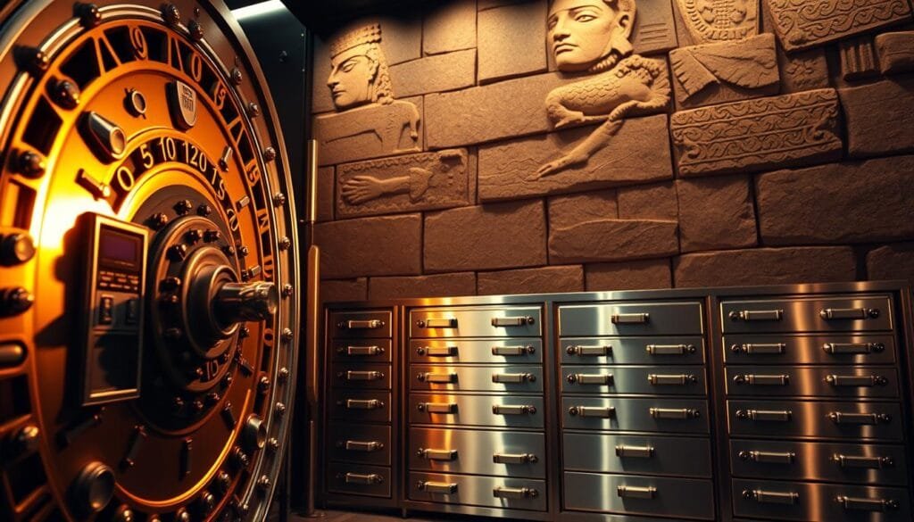 An administrative vault interior with an ornate metal door, bathed in warm, directional lighting. The foreground features a sleek, modern security keypad and biometric scanner. The middle ground showcases a series of deposit boxes and high-security drawers, their surfaces polished to a mirror-like finish. In the background, a towering stone wall with intricate carved details sets an imposing, authoritative tone. The overall atmosphere evokes a sense of reliability, privacy, and the safeguarding of valuable assets.