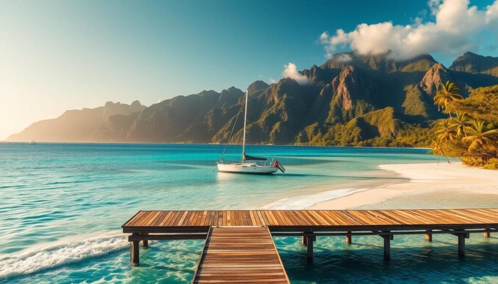 An aerial view of a tropical beach scene, with crystal-clear turquoise waters lapping against a pristine white sand shoreline. In the foreground, a wooden dock extends out into the ocean, and a small sailboat is moored at its end, its sails furled. In the middle ground, lush palm trees sway gently in a light breeze, casting dappled shadows on the beach below. The background is dominated by rugged, lush green mountains, their peaks shrouded in wispy clouds. The lighting is warm and golden, creating a serene, idyllic atmosphere. The overall composition evokes a sense of tranquility and the promise of a dream vacation.