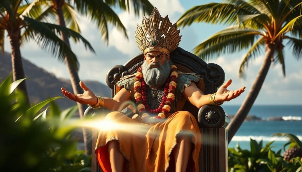 An ancient Hawaiian king sits on a throne, surrounded by lush tropical foliage and a serene coastal landscape. The king's regal pose and ornate headdress evoke a sense of power and regality. In the foreground, a subtle glowing energy emanates from the king's outstretched hands, hinting at the mystical origins of the iconic "Kamehameha" technique. The lighting is soft and natural, casting warm tones across the scene and highlighting the details of the king's ceremonial attire. The overall composition creates a harmonious blend of historical, cultural, and spiritual elements, inviting the viewer to explore the rich etymology and real-world origins behind this legendary Dragon Ball technique.