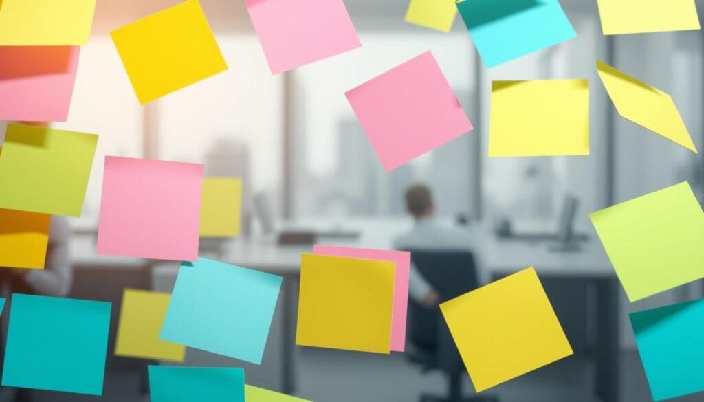 An array of colorful sticky notes floating against a soft, blurred background. The notes are arranged in an artful, overlapping composition, capturing the essence of the Post-it® brand. The foreground features a variety of pastel shades - yellow, pink, blue, and green - with a subtle hint of reflection or gloss to suggest the paper-like texture. The middle ground includes a faint, out-of-focus cityscape or office environment, hinting at the global expansion of the Post-it® brand. Soft, directional lighting from the left side casts gentle shadows, creating depth and dimensionality. The overall mood is bright, modern, and inviting, reflecting the ubiquity and versatility of the iconic Post-it® note.