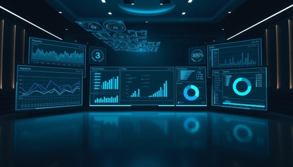 An elegant data visualization dashboard with a sleek, modern interface. In the foreground, a series of neatly organized data visualizations, including line graphs, bar charts, and pie charts, all rendered in a cool, minimalist color palette of blues and grays. The middle ground features a clean, uncluttered workspace with a large central display, surrounded by smaller peripheral screens and controls. The background depicts a dimly lit, high-tech environment, with subtle hints of holographic projections and ambient lighting, creating a sense of depth and sophistication. The overall scene conveys a balance of functionality and aesthetic appeal, reflecting the idea of tokenization as a sophisticated financial technology.