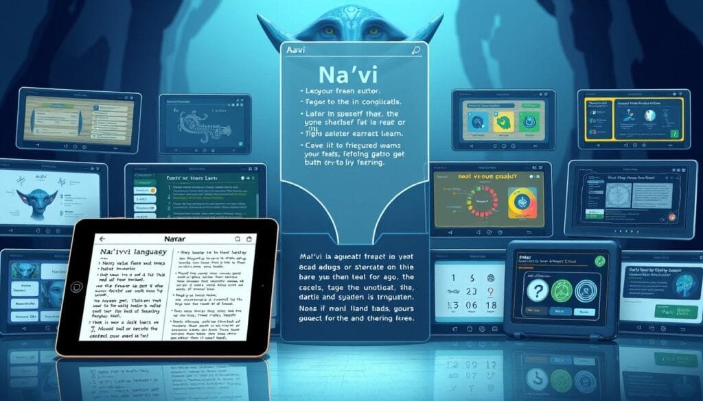 An elegant, detailed illustration showcasing a variety of resources for learning the Na'vi language from the film Avatar. In the foreground, a digital tablet displays a Na'vi language dictionary, with intricate alien glyphs and definitions. In the middle ground, a futuristic-looking translation app projects Na'vi text alongside its English equivalent. In the background, various interactive learning platforms are depicted, each with a distinctive interface and iconography. The overall scene exudes a sense of technological sophistication and cultural immersion, inviting the viewer to explore the rich linguistic world of the Na'vi people.