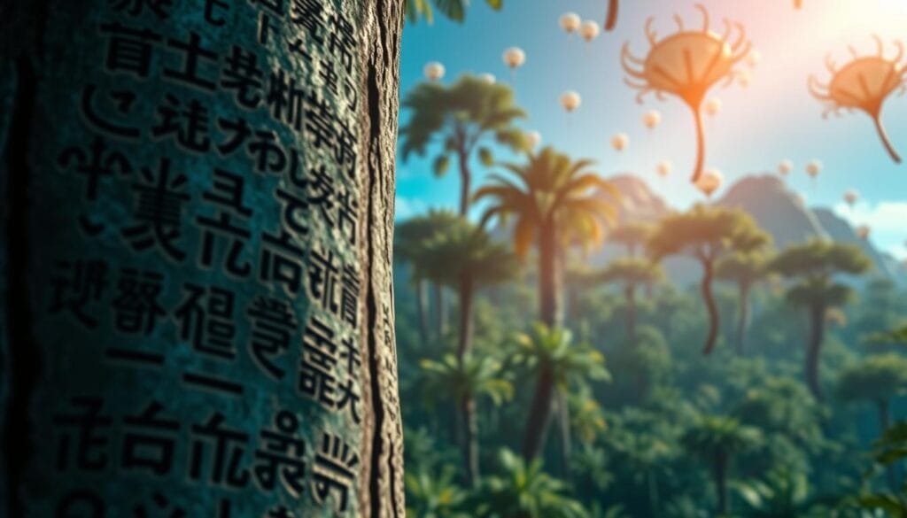 An image of the Na'vi language, "idioma na'vi", with a detailed, cinematic aesthetic. The foreground features a close-up view of Na'vi script carved into the surface of a tree trunk, the intricate glyphs illuminated by soft, diffused lighting. The middle ground showcases a lush, verdant forest with towering, alien-looking trees and foliage in shades of blue and green. In the background, the sky is a vibrant, luminous azure, with hints of floating, bioluminescent plants drifting through the air. The overall composition conveys a sense of wonder, mystery, and the rich cultural heritage of the Na'vi people, as envisioned by the linguistic genius of Paul Frommer.
