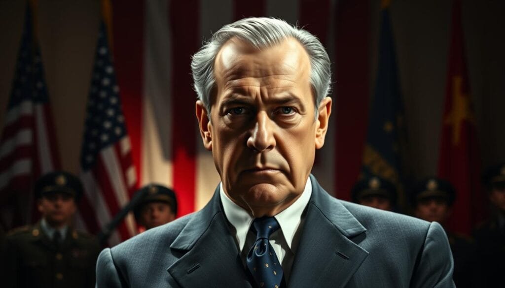An imposing, authoritative figure of Walt Disney stands in the foreground, his expression stern and unyielding. Behind him, a backdrop of American flags and military imagery suggests the patriotic, anti-communist ideology he is known to have espoused. The lighting is dramatic, casting deep shadows that heighten the sense of power and control. The overall atmosphere is one of tension and conflict, reflecting the controversies and battles that surrounded Disney's political views and affiliations. The image conveys the sense of a complex, multifaceted historical figure whose legacy remains a subject of ongoing debate and scrutiny. An imposing, authoritative figure of Walt Disney stands in the foreground, his expression stern and unyielding. Behind him, a backdrop of American flags and military imagery suggests the patriotic, anti-communist ideology he is known to have espoused. The lighting is dramatic, casting deep shadows that heighten the sense of power and control. The overall atmosphere is one of tension and conflict, reflecting the controversies and battles that surrounded Disney's political views and affiliations. The image conveys the sense of a complex, multifaceted historical figure whose legacy remains a subject of ongoing debate and scrutiny.