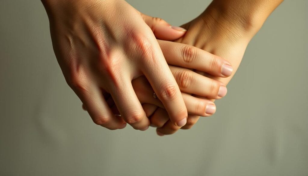 An intimate close-up of two hands gently interlocked, fingers intertwined, conveying a profound sense of human connection and emotional bonding. The skin tones are warm and lifelike, with delicate highlights and soft shadows capturing the tactile nature of the contact. The hands are set against a muted, blurred background, allowing the focus to remain on the tender gesture, evoking a calming, serene atmosphere. The lighting is soft and diffused, creating a sense of intimacy and tranquility. This image visually represents the powerful role of oxytocin in fostering emotional attachment and stability within human relationships. An intimate close-up of two hands gently interlocked, fingers intertwined, conveying a profound sense of human connection and emotional bonding. The skin tones are warm and lifelike, with delicate highlights and soft shadows capturing the tactile nature of the contact. The hands are set against a muted, blurred background, allowing the focus to remain on the tender gesture, evoking a calming, serene atmosphere. The lighting is soft and diffused, creating a sense of intimacy and tranquility. This image visually represents the powerful role of oxytocin in fostering emotional attachment and stability within human relationships.