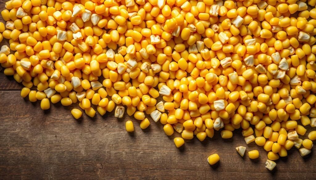 An overhead view of golden-yellow corn kernels cascading across a rustic wooden table, catching the warm glow of a soft, diffused lighting. The kernels are arranged in a natural, haphazard pattern, reflecting the organic origins of this staple food. The background is slightly blurred, emphasizing the tactile, almost touchable quality of the corn. The scene evokes a sense of simplicity, nostalgia, and the origins of human sustenance, setting the stage for the story of the accidental invention of the microwave oven. An overhead view of golden-yellow corn kernels cascading across a rustic wooden table, catching the warm glow of a soft, diffused lighting. The kernels are arranged in a natural, haphazard pattern, reflecting the organic origins of this staple food. The background is slightly blurred, emphasizing the tactile, almost touchable quality of the corn. The scene evokes a sense of simplicity, nostalgia, and the origins of human sustenance, setting the stage for the story of the accidental invention of the microwave oven.