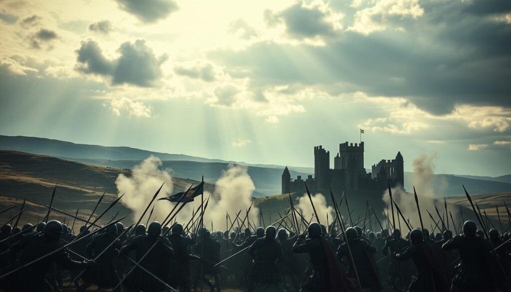 Batalla Stirling: A dramatic landscape of rolling hills, dotted with the imposing ruins of Stirling Castle, its towering spires casting long shadows. In the foreground, a fierce clash of armored warriors, kilted Scots wielding claymores and pikes, locked in combat with the disciplined English forces. Smoke billows from the clash, the sky a moody blend of grays and blues, punctuated by the glint of steel. Sunlight filters through the clouds, illuminating the tension of the scene, the determination etched on the faces of the combatants. This pivotal moment in Scottish history, a turning point in the Wars of Scottish Independence, captured in an epic, cinematic tableau.