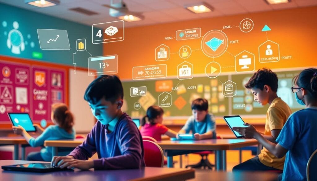 Colorful classroom scene depicting the elements of gamification. In the foreground, a group of students engaged in a playful learning activity, using interactive digital devices and game-like interfaces. In the middle ground, various game mechanics and reward systems are illustrated, such as points, levels, leaderboards, and badges. The background showcases a dynamic, technology-enhanced learning environment with virtual representations of educational content. Soft, warm lighting creates an inviting atmosphere, while the composition highlights the integration of game design principles into the educational setting. The overall scene conveys the concept of "gamification in the classroom" through a visually engaging and immersive depiction. Colorful classroom scene depicting the elements of gamification. In the foreground, a group of students engaged in a playful learning activity, using interactive digital devices and game-like interfaces. In the middle ground, various game mechanics and reward systems are illustrated, such as points, levels, leaderboards, and badges. The background showcases a dynamic, technology-enhanced learning environment with virtual representations of educational content. Soft, warm lighting creates an inviting atmosphere, while the composition highlights the integration of game design principles into the educational setting. The overall scene conveys the concept of "gamification in the classroom" through a visually engaging and immersive depiction.