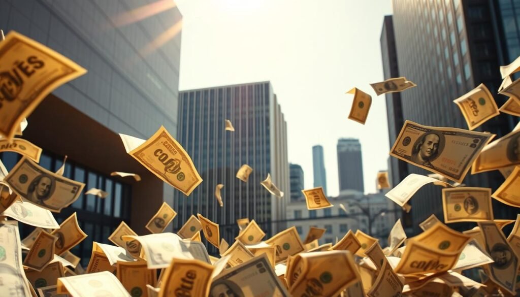 Crisp, freshly printed dólares bills cascading against a backdrop of sleek, modern architecture. Sunlight glints off the metallic edges, casting a warm, golden glow across the scene. In the foreground, the bills dance and flutter, seemingly alive with the promise of wealth and opportunity. The middle ground features a stylized, minimalist building, its clean lines and glass facade reflecting the turbulent flow of currency. In the distance, a cityscape of towering skyscrapers hints at the scale and power of the financial world that Frank Abagnale Jr. navigated. The overall mood is one of dynamism, ambition, and the allure of the high-stakes con game that propelled Abagnale's infamous career.