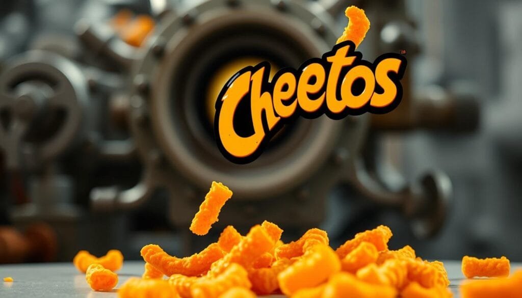 Crunchy Cheetos in vibrant orange, speckled with seasoning, casting a warm glow under soft directional lighting. Highlighted against a backdrop of slightly blurred industrial machinery, evoking the accidental origins of this iconic snack. The Cheetos appear fresh and irresistibly textured, capturing the essence of the "Sabores, versiones y marketing que marcaron décadas" section. A high-angle perspective emphasizes the snack's prominence, while the clean, modern setting suggests the enduring appeal and evolution of this classic product.