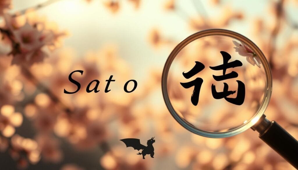 Detailed etymological depiction of the name "Satoshi": a graceful, calligraphic Japanese kanji character floating against a serene backdrop of soft, blurred Sakura blossoms. Warm, golden lighting casts a gentle glow, highlighting the elegant strokes and the subtle complexity of the character's form. In the foreground, a magnifying glass hovers, casting an intriguing, scholarly focus on the etymology, while the middle ground features a stylized Pokémon silhouette, a nod to the connection between the name and the Pokémon franchise creator. The overall mood is one of contemplation, discovery, and the appreciation of cultural heritage.