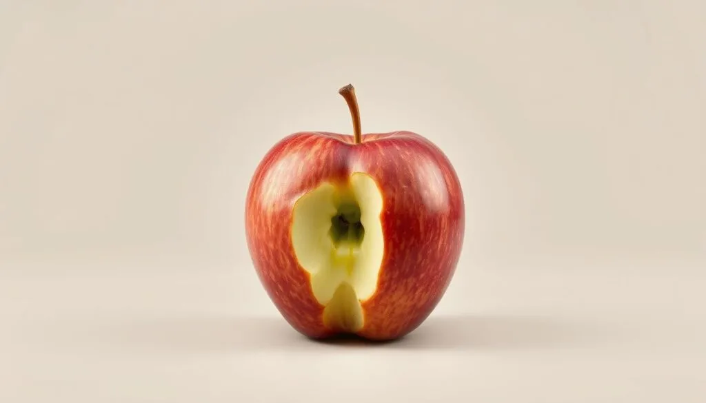 Detailed, photorealistic image of a partially bitten apple against a neutral background. The apple is situated in the center, with a clean and precise bite mark revealing the juicy, glistening flesh inside. Lighting is soft and even, creating subtle shadows that accentuate the form and texture of the fruit. The skin has a natural, mottled appearance, and the colors range from deep reds to light yellows, capturing the inherent beauty of the "manzana mordida". The composition is simple and uncluttered, allowing the viewer to focus solely on the iconic symbol. Detailed, photorealistic image of a partially bitten apple against a neutral background. The apple is situated in the center, with a clean and precise bite mark revealing the juicy, glistening flesh inside. Lighting is soft and even, creating subtle shadows that accentuate the form and texture of the fruit. The skin has a natural, mottled appearance, and the colors range from deep reds to light yellows, capturing the inherent beauty of the "manzana mordida". The composition is simple and uncluttered, allowing the viewer to focus solely on the iconic symbol.