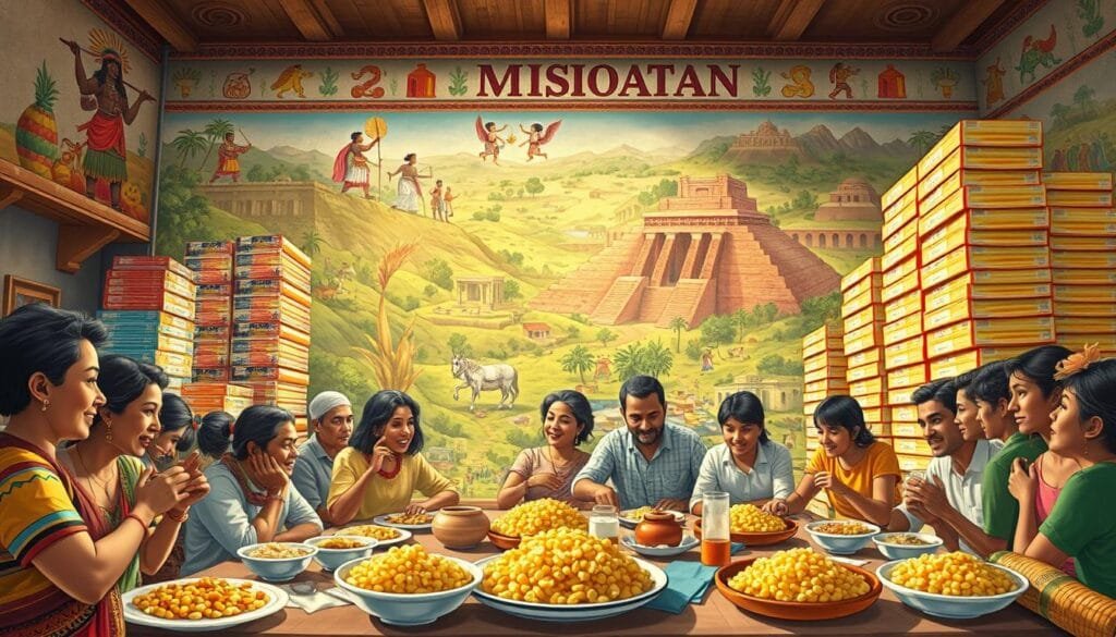 Detailed, vibrant illustration of "cultural and nutritional impact" in a richly layered composition. Foreground depicts a diverse group of people enjoying a traditional Mexican meal of corn-based dishes, capturing the joy and communal aspect of food. Midground shows towering stacks of colorful cereal boxes, representing the global reach and mass-produced nature of modern processed foods. Background features a mural-like depiction of the historical significance of corn, with indigenous figures and symbols juxtaposed against a backdrop of verdant landscapes and ancient Mesoamerican architecture. Warm, natural lighting filters through the scene, creating a sense of timelessness and the interplay between tradition and modernity. Lens is wide-angle to capture the full scope of the tableau. Overall, the image conveys the complex cultural, nutritional, and societal impacts of corn-based foods, past and present.