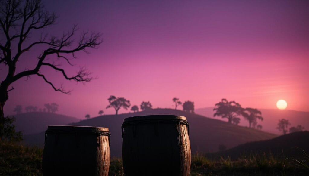 Distant drums echoing through a misty, twilight landscape. In the foreground, weathered wooden drums stand alone, their surfaces etched with the passage of time. The middle ground reveals a lush, rolling hill dotted with shadowy silhouettes of trees, their branches swaying gently in a light breeze. The background fades into a hazy, purple-tinged sky, streaked with the last vestiges of a setting sun. Dramatic chiaroscuro lighting casts dramatic shadows, heightening the sense of mystery and isolation. A serene, yet melancholic atmosphere pervades the scene, evoking a sense of longing and the passage of history.