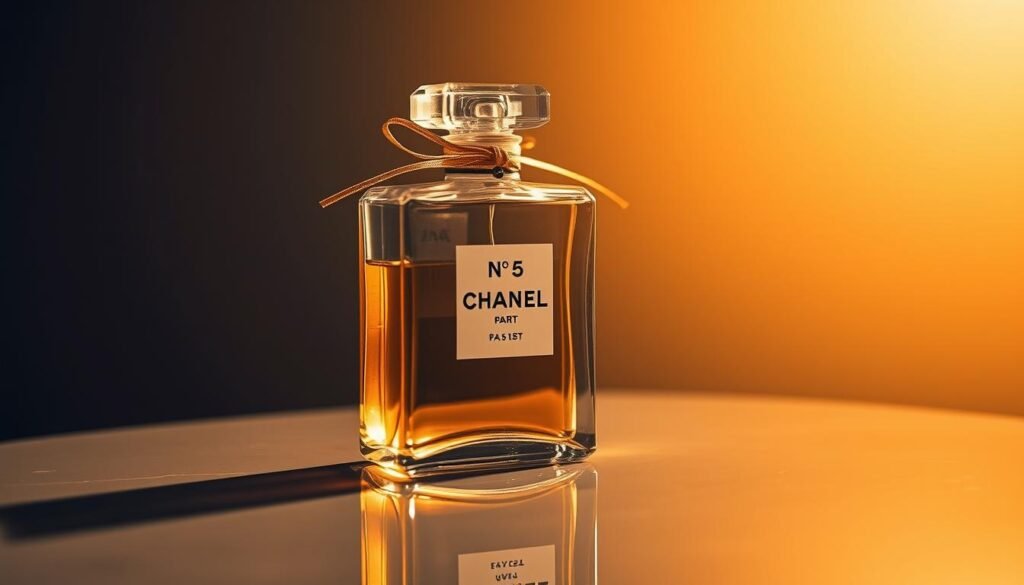 Elegant glass bottle of Chanel No. 5 perfume, placed on a reflective surface, bathed in warm, soft lighting. Crystalline glass facets catch the light, creating a delicate, luminous effect. Understated, sophisticated design with the iconic Chanel logo prominently featured. The fragrance's notes of jasmine, rose, and aldehydes waft through the air, evoking a sense of timeless luxury. A single gold ribbon curls around the neck of the bottle, adding a touch of refined opulence. The scene captures the essence of the pioneering perfume that launched Coco Chanel's empire and defined an era of elegance. Elegant glass bottle of Chanel No. 5 perfume, placed on a reflective surface, bathed in warm, soft lighting. Crystalline glass facets catch the light, creating a delicate, luminous effect. Understated, sophisticated design with the iconic Chanel logo prominently featured. The fragrance's notes of jasmine, rose, and aldehydes waft through the air, evoking a sense of timeless luxury. A single gold ribbon curls around the neck of the bottle, adding a touch of refined opulence. The scene captures the essence of the pioneering perfume that launched Coco Chanel's empire and defined an era of elegance.