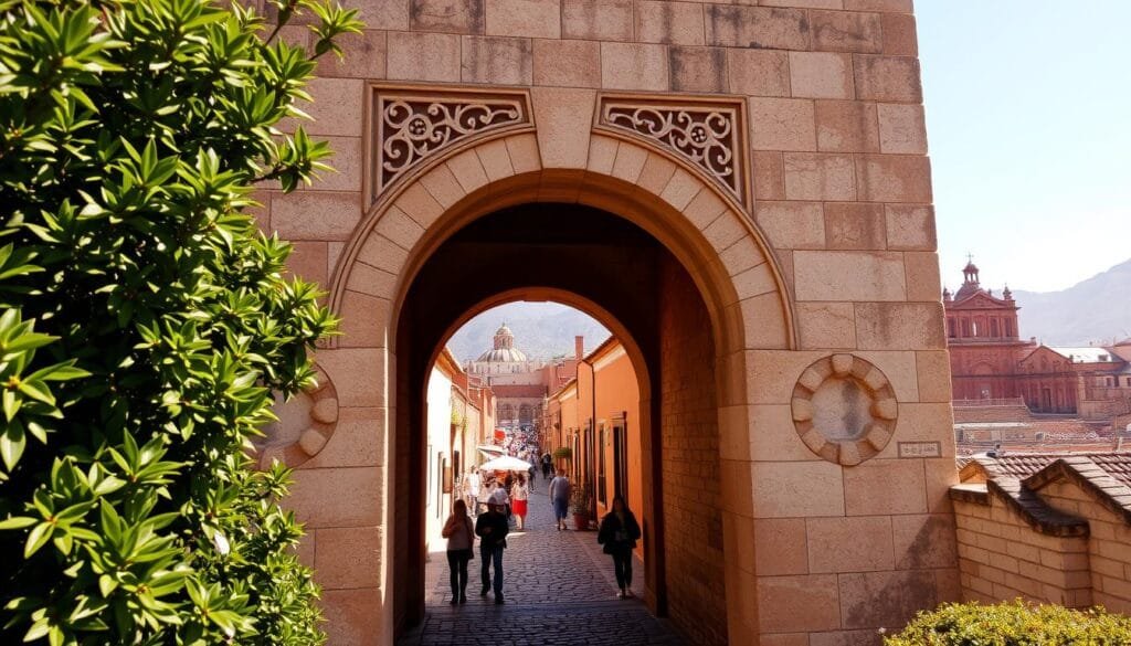 Entrada, a quintessential Mexican archway, stands tall, its weathered stone blocks casting intricate shadows in the warm, golden light of the midday sun. The intricate patterns carved into the archway's facade add depth and character, inviting the viewer to explore the scene beyond. In the foreground, lush foliage frames the archway, creating a sense of depth and natural beauty. The middle ground features a cobblestone path, winding through a vibrant, bustling town square, where locals go about their daily lives, their colorful attire and lively interactions adding to the authentic, immersive atmosphere. In the background, the towering silhouettes of ancient buildings and the hazy, mountainous horizon line create a sense of timelessness, underscoring the enduring cultural traditions and heritage of this quintessential Mexican setting.
