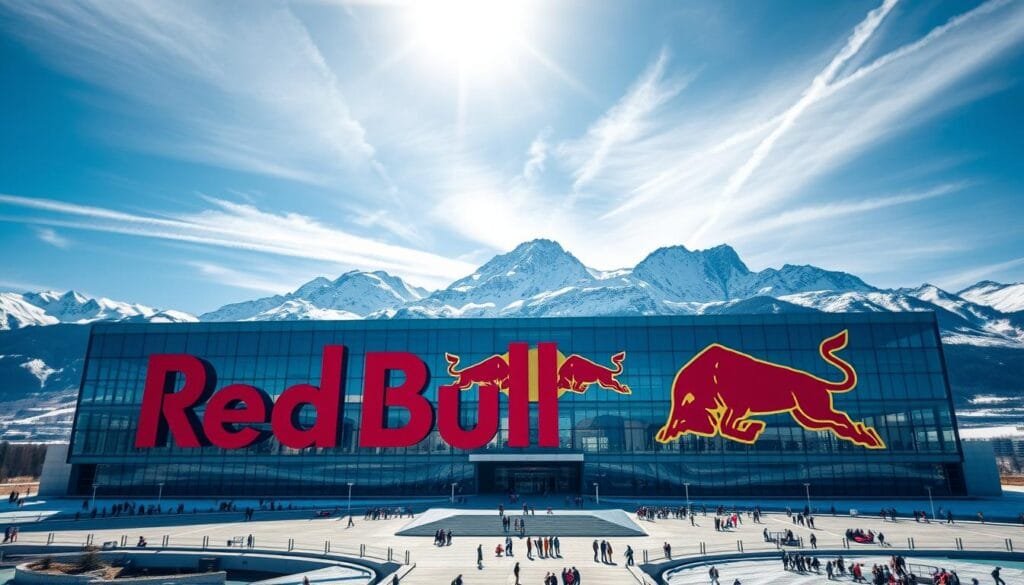 Expansive corporate headquarters of Red Bull GmbH, set against a backdrop of snow-capped mountains and a vibrant blue sky. The foreground features the iconic Red Bull logo, rendered in sleek, modern metal and glass architecture, conveying a sense of power, energy, and global reach. The middle ground showcases a bustling campus, with employees in action, reflecting the dynamic nature of the company's operations. Crisp, directional lighting accentuates the dynamic architectural forms, creating a sense of scale and grandeur. The overall atmosphere evokes a successful, ambitious, and innovative multinational enterprise, embodying the spirit of the Red Bull brand.