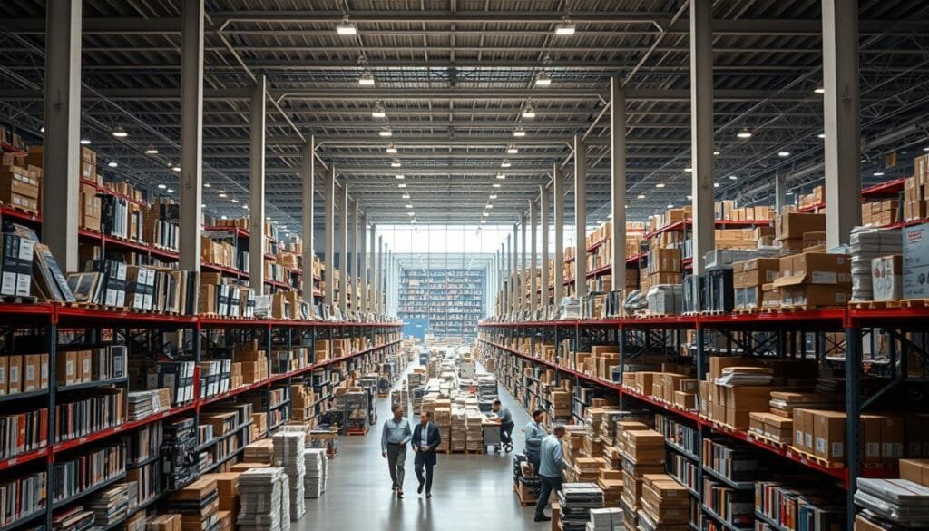 Expansive retail empire: a sprawling, well-lit Amazon warehouse, bustling with rows of shelves stocked high with a diverse array of products, from books to electronics and beyond. Sleek, modern architecture frames the scene, with towering ceilings and large windows allowing natural light to flood the space. In the foreground, a team of efficient, uniformed workers navigate the aisles, carefully picking and packing orders. The mid-ground showcases the sheer scale and scope of Amazon's inventory, while the background hints at the company's global reach and logistical prowess. An atmosphere of efficiency, innovation, and boundless potential permeates the image, reflecting Amazon's transformation from a simple online bookstore to a retail juggernaut.