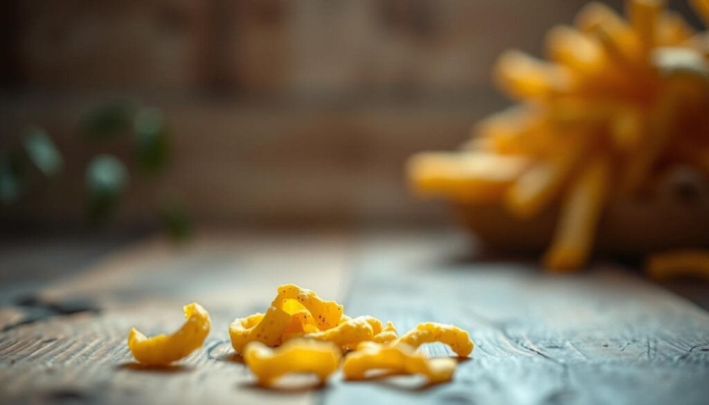 Maíz extruido sabor, a crisp and golden snack, resting on a rustic wooden surface. Gently illuminated by warm, natural lighting, the extruded corn kernels glisten with a delicate seasoning, hinting at the savory flavors within. The foreground focus draws the eye, while a blurred background suggests a simple, uncluttered setting, allowing the snack to take center stage. Captured with a shallow depth of field, the image conveys a sense of artisanal craftsmanship and invites the viewer to imagine the satisfying crunch and taste of this accidental culinary discovery.