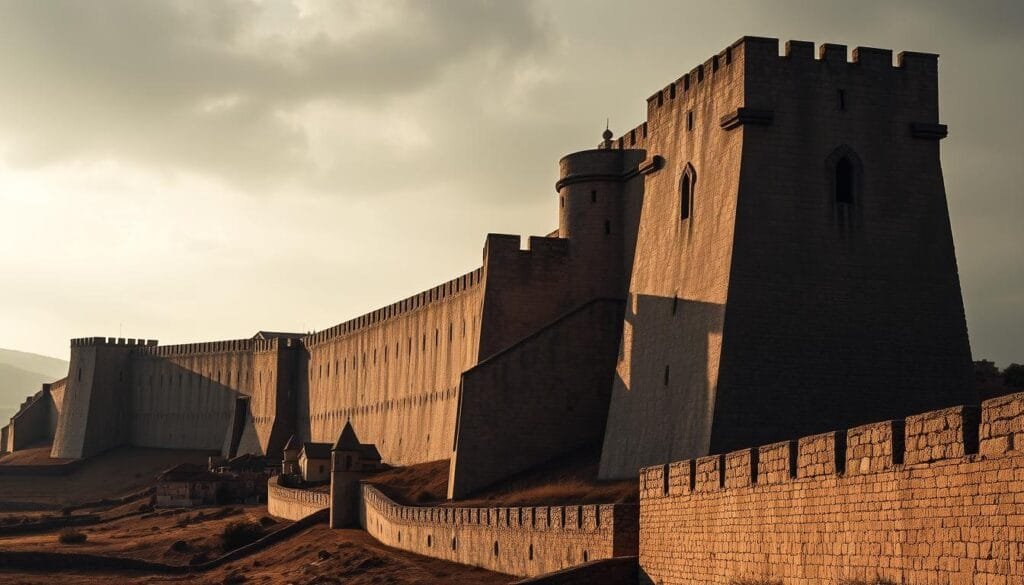 Massive stone walls rise up, casting long shadows across a barren landscape. The fortified structures loom in the foreground, their weathered surfaces adorned with architectural flourishes that evoke a bygone era. In the middle ground, smaller settlements cling to the base of the walls, their rooftops and spires peeking out from behind the imposing barriers. The sky overhead is a muted, overcast palette, adding a sense of weight and solemnity to the scene. Dramatic lighting illuminates the walls, creating dramatic contrasts between light and shadow, highlighting the sheer scale and grandeur of these towering defenses. A moody, foreboding atmosphere pervades the image, hinting at the hidden stories and secrets that may lie within the walls.