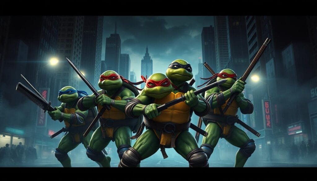 Mutant ninja turtles, battle-hardened warriors, emerge from the shadows of a gritty, neon-drenched city. Their bulky, reptilian frames are illuminated by flickering streetlights, casting dramatic shadows across the scene. Wielding their signature weapons - katanas, sais, nunchucks, and bo staffs - they are poised for action, their expressions fierce and determined. In the foreground, Raphael, Donatello, Michelangelo, and Leonardo stand united, their unique personalities and abilities shining through. The middle ground reveals the chaos of the urban environment, with towering skyscrapers and a moody, atmospheric sky. The background is shrouded in a sense of mystery, hinting at the sinister forces they must confront. The overall mood is one of heightened tension, excitement, and the palpable energy of a new chapter in the mutant ninja turtles' ongoing saga.