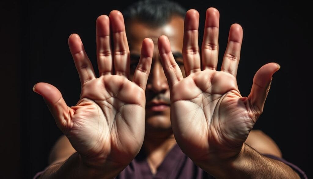 Outstretched hands, palms facing forward, emanating a powerful energy. The hands are the focal point, with a dynamic, intense expression. Dramatic lighting casts deep shadows, emphasizing the musculature and sinews. A sense of motion and concentration as the technique is executed. The background is blurred, keeping the attention on the intricate hand gestures. Cinematic camera angle, slightly elevated to convey the power and importance of the moment. An aura of focus and determination surrounds the hands, as if harnessing an ancient, mystical force.