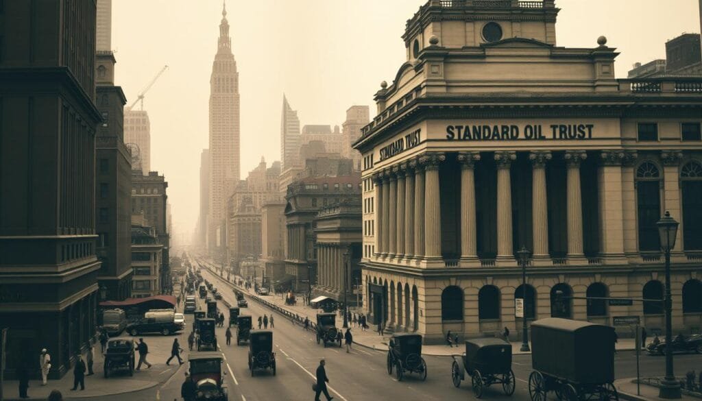 Prompt A large, ornate building with a prominent sign reading "STANDARD OIL TRUST" stands prominently in the foreground, its imposing architecture and grand columns conveying a sense of power and dominance. In the middle ground, a bustling city street scene unfolds, with horse-drawn carriages, pedestrians, and a few early automobiles, all set against a backdrop of towering skyscrapers and a hazy, overcast sky. The lighting is muted, with a slight sepia tone, evoking a sense of historical significance and the weight of monopolistic control. The overall scene suggests the immense influence and reach of the Standard Oil Trust, a titan of industry during the late 19th and early 20th centuries.