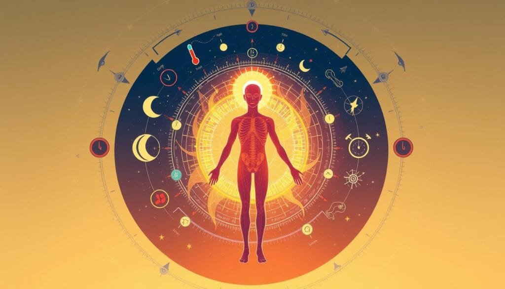 Prompt A vibrant, dynamic illustration depicting the rhythmic cycles of the human circadian system. In the foreground, a stylized human figure with a radiant, glowing aura symbolizing the body's internal biological clock. Surrounding this central figure, a swirling array of graphic elements representing the cyclical patterns of sleep, temperature, blood pressure, and chronotypes. The background features a gradient of soothing, muted tones suggestive of the 24-hour cycle, with subtle hints of celestial motifs alluding to the influence of natural rhythms. The overall composition conveys a sense of harmony, balance, and the complex interplay between the human body and its intrinsic circadian rhythms. Prompt A vibrant, dynamic illustration depicting the rhythmic cycles of the human circadian system. In the foreground, a stylized human figure with a radiant, glowing aura symbolizing the body's internal biological clock. Surrounding this central figure, a swirling array of graphic elements representing the cyclical patterns of sleep, temperature, blood pressure, and chronotypes. The background features a gradient of soothing, muted tones suggestive of the 24-hour cycle, with subtle hints of celestial motifs alluding to the influence of natural rhythms. The overall composition conveys a sense of harmony, balance, and the complex interplay between the human body and its intrinsic circadian rhythms.
