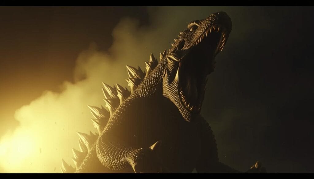 Rugido: a thunderous roar resonating from the depths, a primal force unleashed. Imagine a massive, reptilian silhouette emerging from the shadows, jaws agape, revealing a cavernous maw. Capture the intensity of its guttural, reverberating vocalization - a sound that shakes the very earth, a symphony of raw power and ancient fury. Dramatic lighting casts dramatic shadows, accentuating the creature's imposing presence. Utilize a wide-angle lens to convey a sense of scale, as if the viewer is standing mere feet away from this legendary beast. Craft an atmosphere of tension and awe, where the viewer feels the weight of Godzilla's legendary roar.