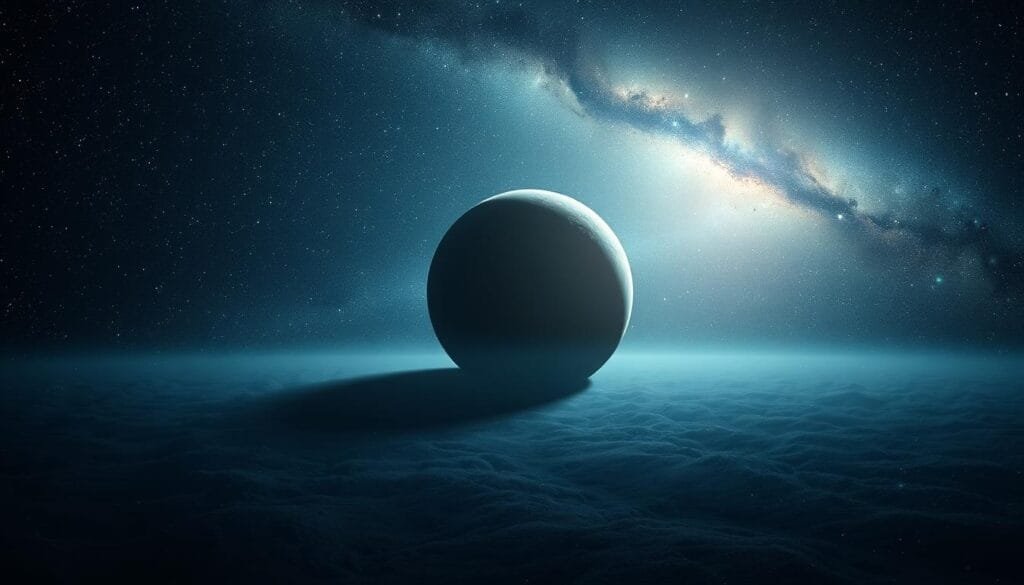 Vast cosmic expanse, bathed in the ethereal glow of distant stars. In the foreground, a solitary planet, its surface shrouded in mystery, stands as a testament to the silence of the universe. Surrounding it, a sea of darkness punctuated by the faint flicker of galaxies, each a whisper of potential life. The scene evokes a sense of profound loneliness, a "Fermi paradox" that begs the question: if the universe is so immense, why is the silence so deafening? Capture this haunting juxtaposition of scale and emptiness, using a cinematic, wide-angle lens to convey the grandeur and isolation of this cosmic tableau.