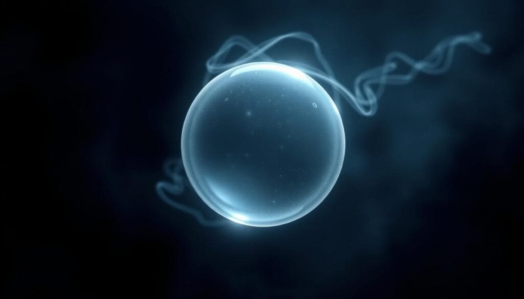 Vivid illustration of the chemical element oxygen, as the central focus. Depict it as a glowing, ethereal orb suspended in a minimalist, dark void. Surround the orb with wisps of pale, ethereal light emanating from it, creating an atmosphere of mystery and the unknown. Capture the essence of "life without oxygen" - a concept that defies conventional animal metabolism. Utilize a soft, hazy lighting to invoke a sense of otherworldliness, with a slightly bluish tint to suggest the alien nature of this oxygen-independent lifeform. Compose the scene with a dramatic, high-contrast look to heighten the visual impact and convey the groundbreaking scientific discovery.