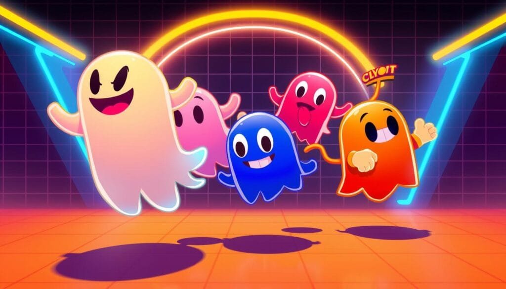 Whimsical and vibrant ghosts from the iconic video game Pac-Man, floating and drifting through a stylized, dreamlike arcade setting. Blinky, the red ghost, leading the pack with a mischievous grin. Pinky, the pink ghost, trailing behind with a coy expression. Inky, the blue ghost, darting about with playful energy. Clyde, the orange ghost, bringing up the rear with a curious tilt of his head. Neon-tinged lighting casts a warm glow, while a retro-futuristic grid pattern in the background evokes the classic game aesthetic. The ghosts' movements are fluid and captivating, inviting the viewer to join in the timeless arcade adventure.
