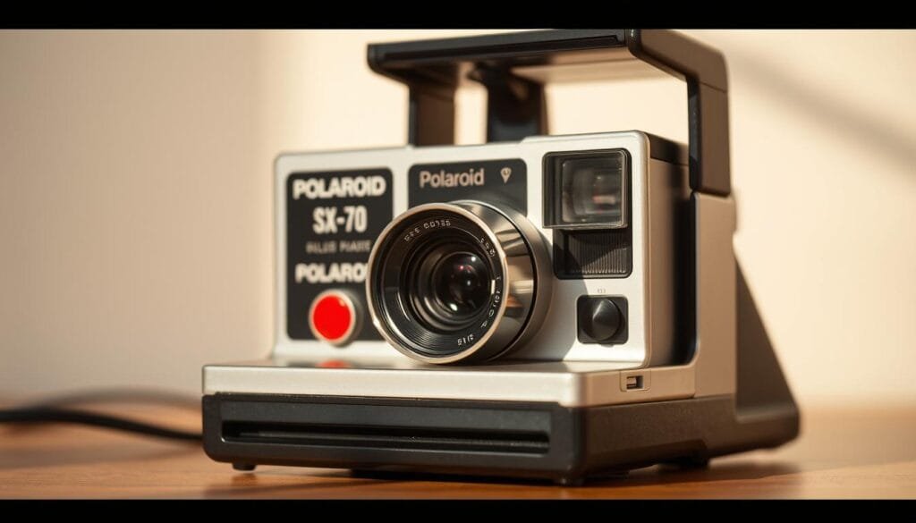 a detailed close-up of a vintage Polaroid SX-70 camera, with its distinctive folding body and sleek silver and black design. The camera is set against a soft, blurred background, creating a sense of focus and emphasis on the subject. The lighting is warm and natural, accentuating the camera's metallic textures and curves. The lens is sharp and in focus, capturing the intricate details of the camera's mechanisms and controls. The overall mood is one of nostalgia and appreciation for the iconic design and history of the Polaroid camera.