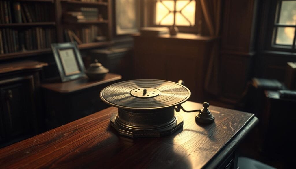 a high-resolution, detailed, cinematic photograph of the first recorded sound in history, depicted as an ancient gramophone record or wax cylinder, resting on a wooden table in a dimly lit, vintage-style study or library setting, with soft warm lighting casting dramatic shadows, creating a sense of historical significance and the passage of time