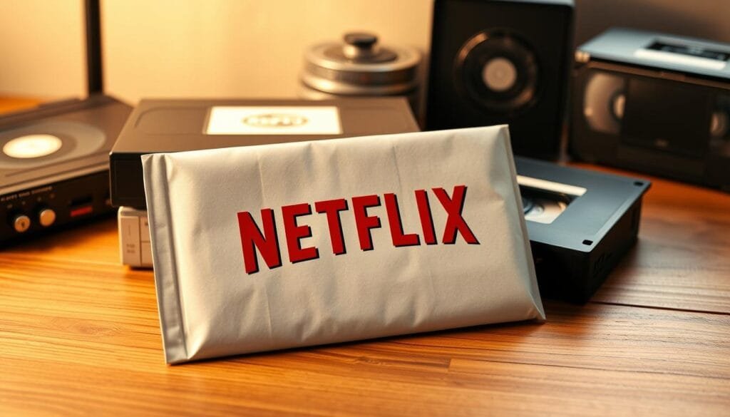 A Netflix mail-order video rental subscription envelope, shot in a warm, nostalgic lighting. The envelope has a classic design with the Netflix logo prominently displayed. The envelope is placed on a wooden surface, surrounded by vintage video cassettes and other retro video rental paraphernalia, creating a sense of the era when Netflix was a pioneering mail-order video service. The composition is balanced, with the envelope in the foreground and the supporting elements in the middle and background, conveying the historical significance of this milestone in Netflix's transformation from a mail-order business to a streaming giant.