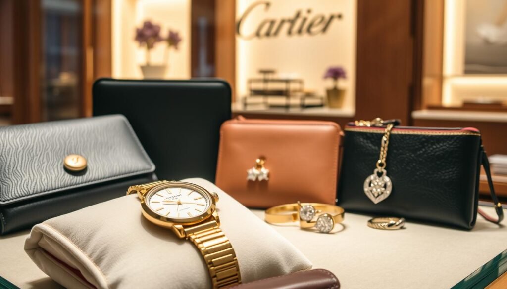 A beautifully lit Cartier accessories display showcasing a refined collection of their iconic products. In the foreground, a sleek gold watch with a shimmering face rests on a plush velvet cushion. Surrounding it, an assortment of elegant leather goods, including a slim wallet, a sophisticated clutch, and a chic keychain. The middle ground features a pair of delicate diamond-encrusted earrings and a stunning necklace with a pendant in the shape of the Cartier logo. In the background, a soft-focus image of the Cartier boutique's interior, with its polished wood accents and luxurious ambiance. The lighting is warm and inviting, casting a subtle glow on the high-end accessories, emphasizing their craftsmanship and timeless appeal.
