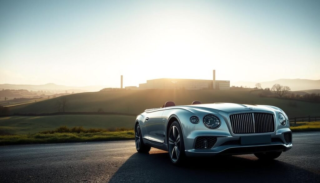 A breathtaking silver dawn landscape in Crewe, England. The foreground features a sleek, integral-bodied luxury automobile, its gleaming silver finish reflecting the first rays of the morning sun. The middle ground showcases the Bentley factory, its modernist architecture standing resolute against the brightening sky. In the background, rolling hills dotted with lush greenery provide a serene, pastoral backdrop. The scene is bathed in a soft, ethereal light, creating a sense of tranquility and timeless elegance befitting the renowned Bentley marque. The composition emphasizes the harmonious blend of man-made craftsmanship and the natural world, capturing the essence of the postwar era's shift towards integral body design. A breathtaking silver dawn landscape in Crewe, England. The foreground features a sleek, integral-bodied luxury automobile, its gleaming silver finish reflecting the first rays of the morning sun. The middle ground showcases the Bentley factory, its modernist architecture standing resolute against the brightening sky. In the background, rolling hills dotted with lush greenery provide a serene, pastoral backdrop. The scene is bathed in a soft, ethereal light, creating a sense of tranquility and timeless elegance befitting the renowned Bentley marque. The composition emphasizes the harmonious blend of man-made craftsmanship and the natural world, capturing the essence of the postwar era's shift towards integral body design.