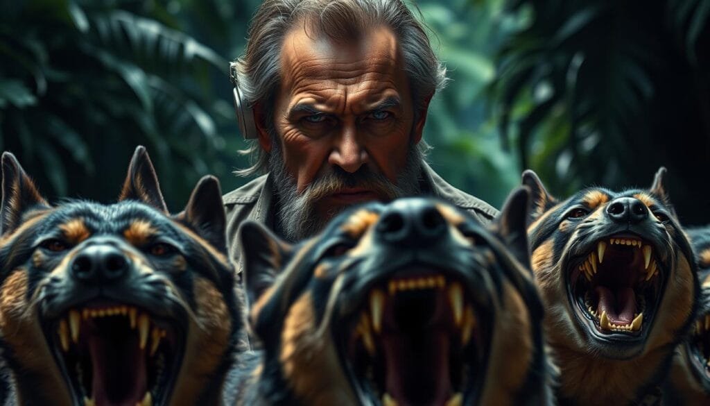 A brooding, tense scene of the antagonist Charles Muntz and his menacing pack of attack dogs, set against the lush, verdant backdrop of the South American jungle. Muntz's weathered face is set in a scowl, his eyes narrowed with determination as he commands his snarling, razor-toothed pack to advance. The dogs, their hackles raised and muscles coiled, appear poised to pounce, creating a palpable sense of conflict and impending danger. Dramatic, chiaroscuro lighting casts dramatic shadows, heightening the sense of drama and suspense. The composition emphasizes the power struggle between man and beast, capturing the intense, high-stakes confrontation at the heart of this pivotal scene.