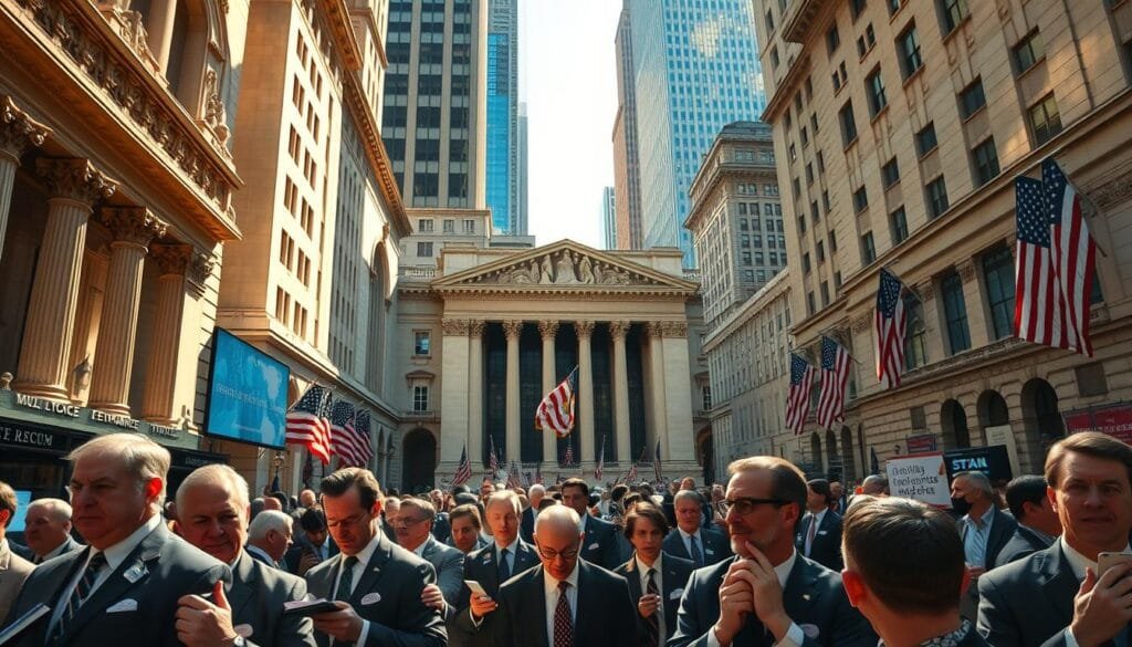 A bustling Wall Street scene, awash in the golden glow of late afternoon sunlight. In the foreground, a throng of well-dressed brokers and traders, their faces etched with the intensity of their transactions, their hands clutching ledgers and telephones. The middle ground reveals the ornate, Neo-classical architecture of the New York Stock Exchange, its columns and pediments a testament to the power and prestige of finance. In the background, towering skyscrapers reach up towards the heavens, their glass facades glinting with the reflections of the city's ever-shifting fortunes. The air is charged with a sense of ambition, greed, and the relentless pursuit of wealth – a visual embodiment of the "codicia" that has long defined Wall Street. A bustling Wall Street scene, awash in the golden glow of late afternoon sunlight. In the foreground, a throng of well-dressed brokers and traders, their faces etched with the intensity of their transactions, their hands clutching ledgers and telephones. The middle ground reveals the ornate, Neo-classical architecture of the New York Stock Exchange, its columns and pediments a testament to the power and prestige of finance. In the background, towering skyscrapers reach up towards the heavens, their glass facades glinting with the reflections of the city's ever-shifting fortunes. The air is charged with a sense of ambition, greed, and the relentless pursuit of wealth – a visual embodiment of the "codicia" that has long defined Wall Street.