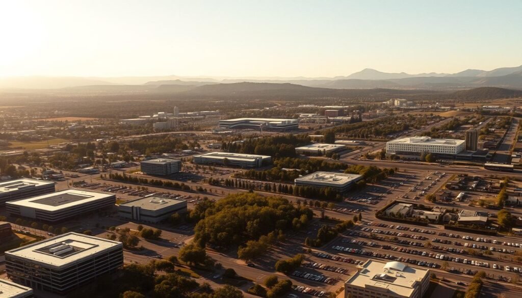 A bustling aerial view of Silicon Valley in the 1980s, bathed in warm, golden California sunlight. In the foreground, modern glass-and-steel office buildings and campuses of tech giants like Apple and Intel sit alongside rows of lush green suburbs. The midground is dotted with the neon signs and parking lots of ubiquitous startups, venture capital firms, and IPO-bound companies. In the distant background, the rolling hills and redwood forests of the Bay Area create a picturesque natural backdrop. The scene exudes a palpable sense of innovation, opportunity, and the rapid growth that defined this revolutionary era of personal computing, software development, and the rise of the modern technology industry.