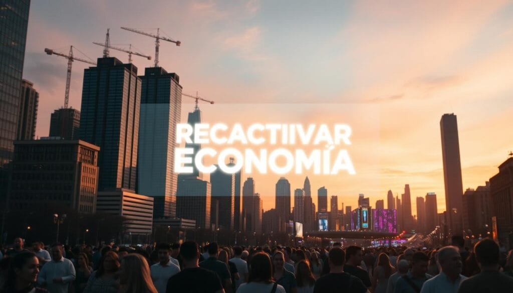 A bustling cityscape at dusk, with towering skyscrapers and cranes dotting the horizon. In the foreground, a crowd of people bustles with purpose, their expressions hopeful as they navigate the streets. Warm, golden light filters through the windows, casting a glow on the scene. In the middle ground, a giant, holographic projection shimmers, displaying the words "REACTIVAR ECONOMÍA" in bold, dynamic lettering. The projection casts an ethereal, futuristic ambiance, symbolizing the revitalization of the economy. In the background, a vibrant, neon-lit skyline adds depth and a sense of dynamism to the scene, hinting at the potential for growth and progress.