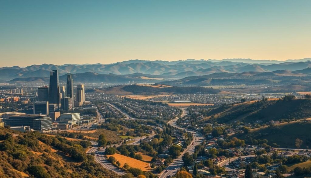 A bustling cityscape nestled in rolling hills, the iconic "Silicon Valley" emerges. In the foreground, sleek modern skyscrapers and tech campuses rise, their glass facades gleaming under warm, golden sunlight. Winding roads thread through the landscape, lined with lush greenery and punctuated by the occasional electric vehicle. In the middle ground, a mosaic of suburban neighborhoods, their tidy homes and manicured lawns speaking to the affluence of the region. And in the distance, the majestic Santa Cruz Mountains loom, their ridges silhouetted against a vibrant, cloudless sky. This is the heart of innovation, where the pioneers of the digital age have carved out their empire, transforming a quiet agricultural valley into the global epicenter of technology.